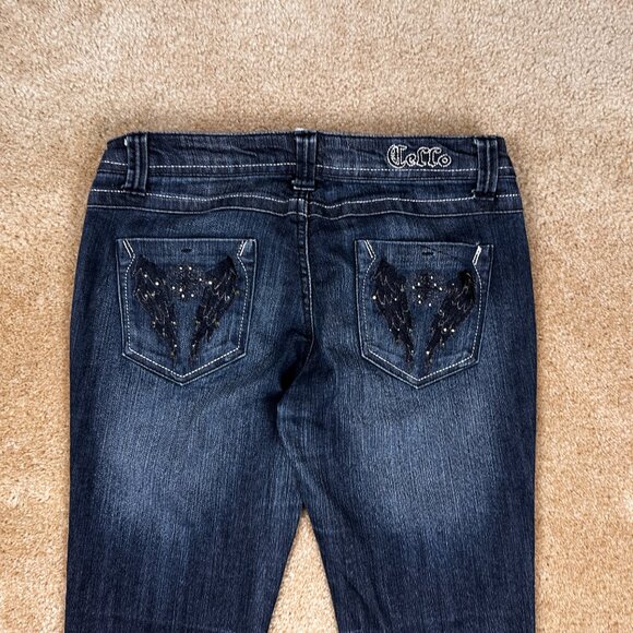 Y2K Cello Cross Wings Bling  Goth Jeans Mid Rise Dark Wash Size 5 W 29 L 32.5 - Picture 2 of 7